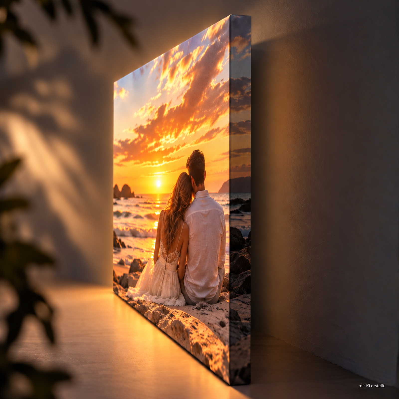 Front Lighted LED-Leuchtbild mit individuellem Fotomotiv eines Paares am Strand bei Sonnenuntergang, vorne beleuchtet und seitlich bedruckt.