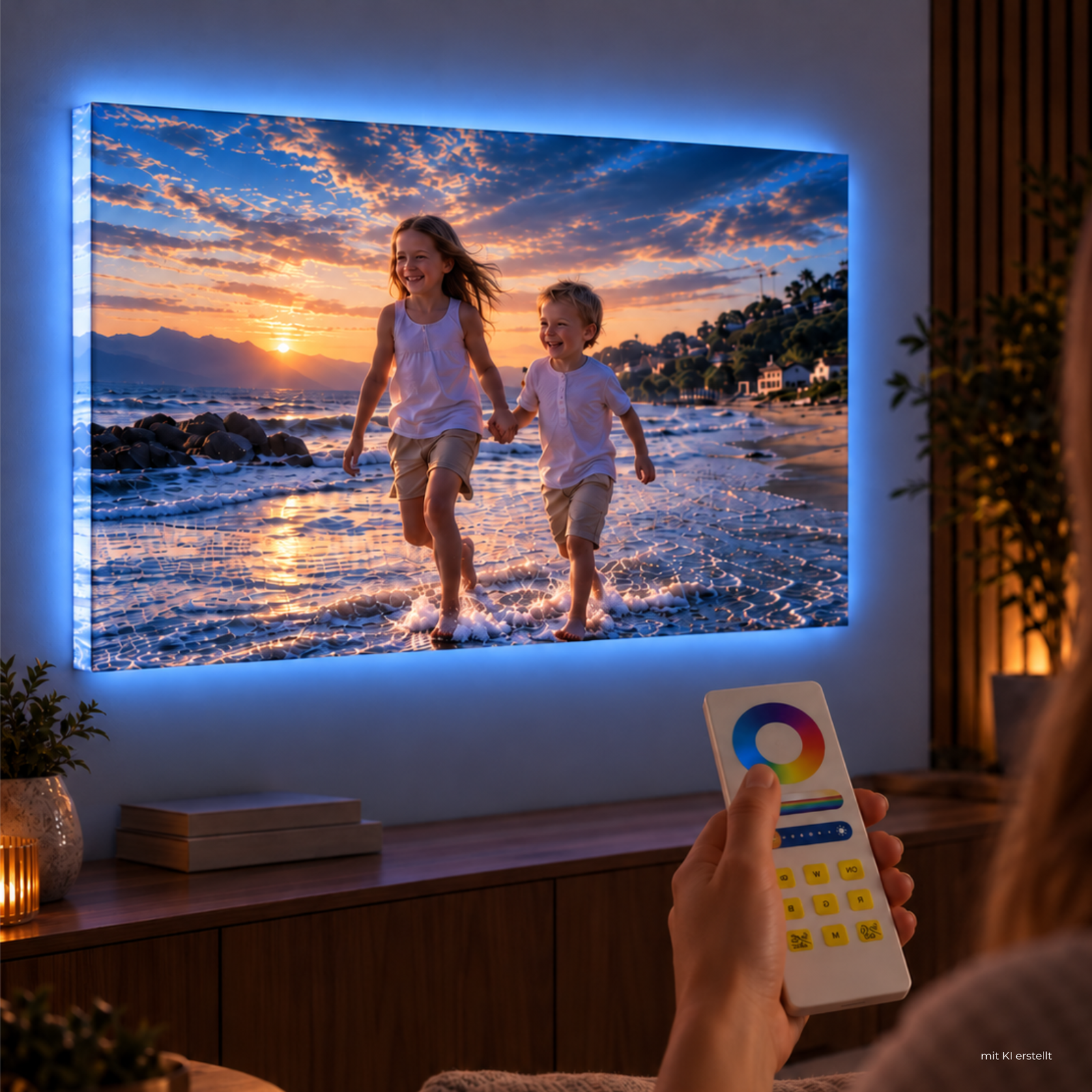 LED-Leuchtbild mit Farbwechsel, individuellem Kinderfoto am Strand und blauer Beleuchtung, steuerbar per Fernbedienung.