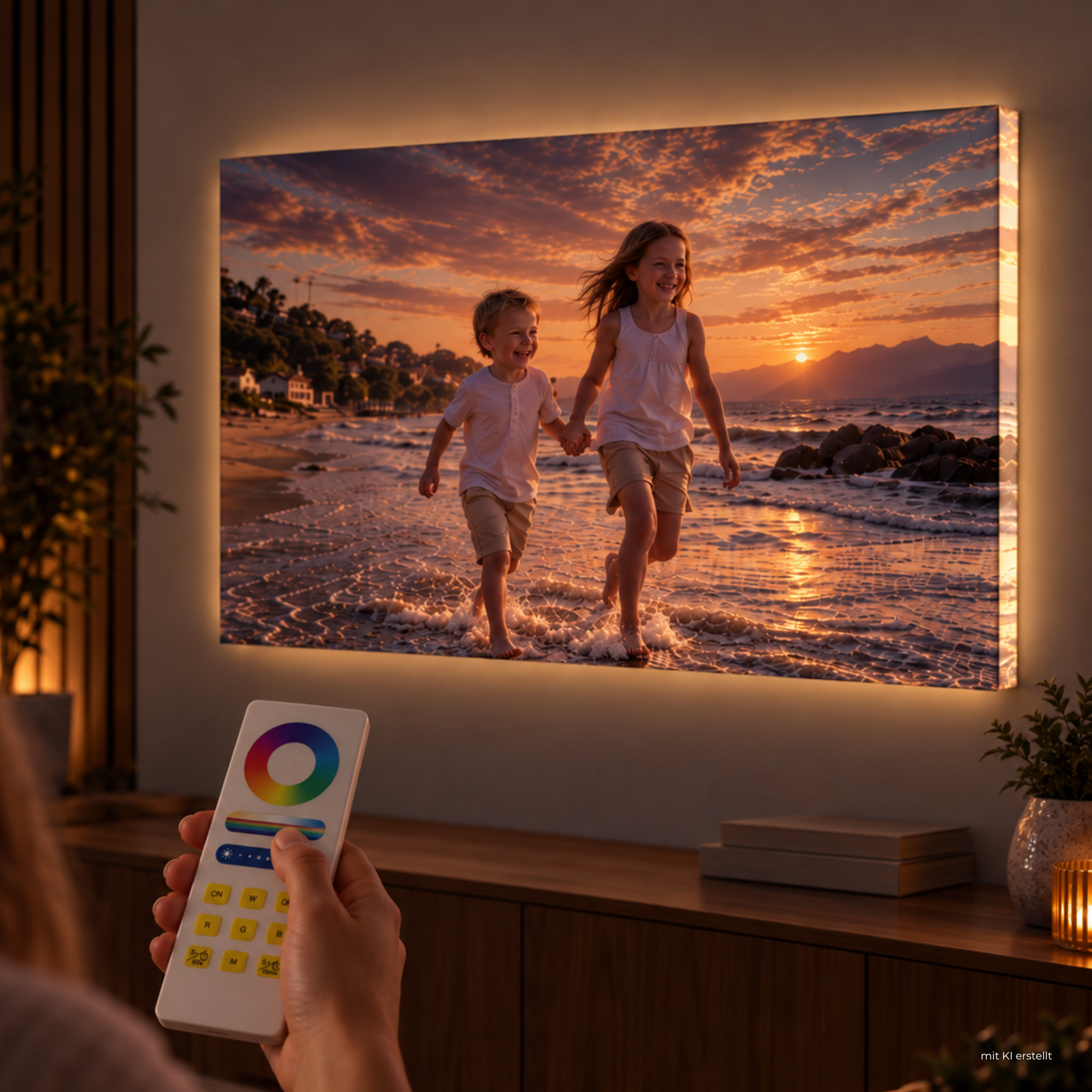Dimmbares LED-Leuchtbild mit individuellem Fotomotiv zweier Kinder am Strand, gesteuert per Fernbedienung im Wohnzimmer.