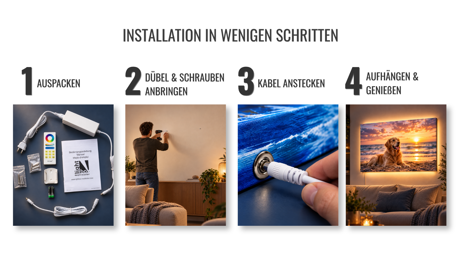 Grafische Darstellung des Installation einer Lightbox in 4 Schritten
