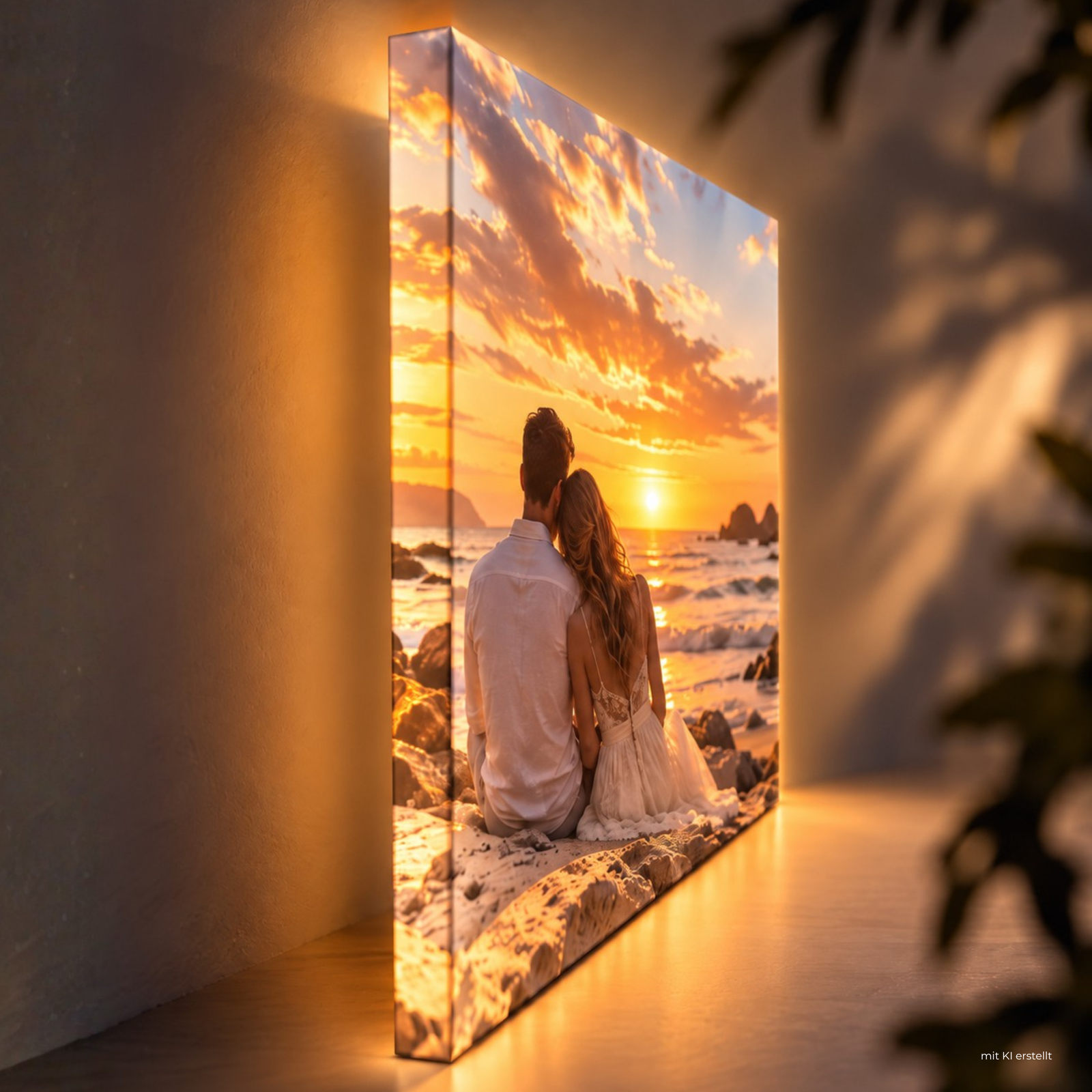 Fully Lighted LED-Leuchtbild mit individuellem Fotomotiv eines Paares am Strand bei Sonnenuntergang, mit leuchtenden Seitenflächen