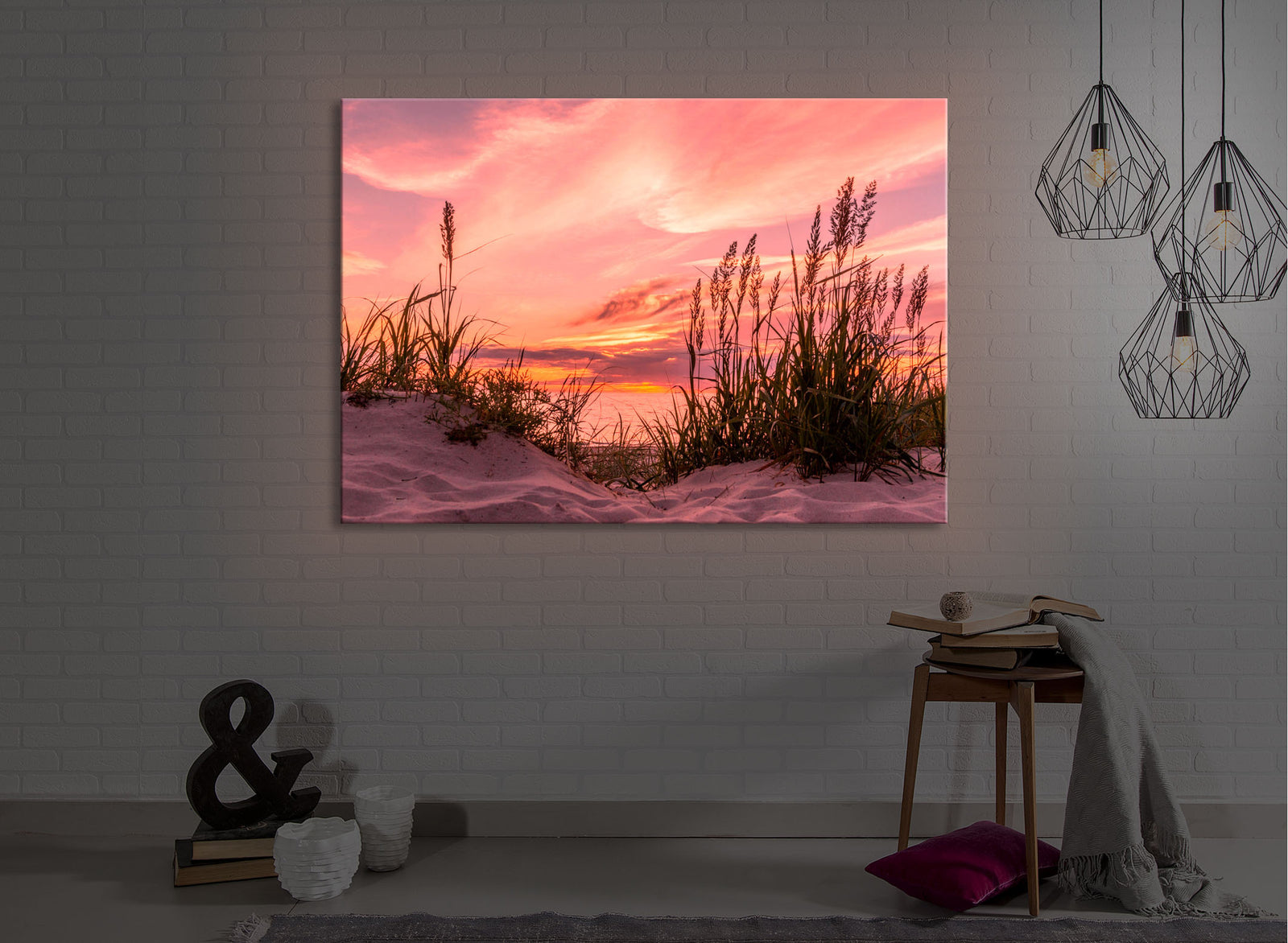 beleuchtetes bild Gras am Strand an der Wand rot