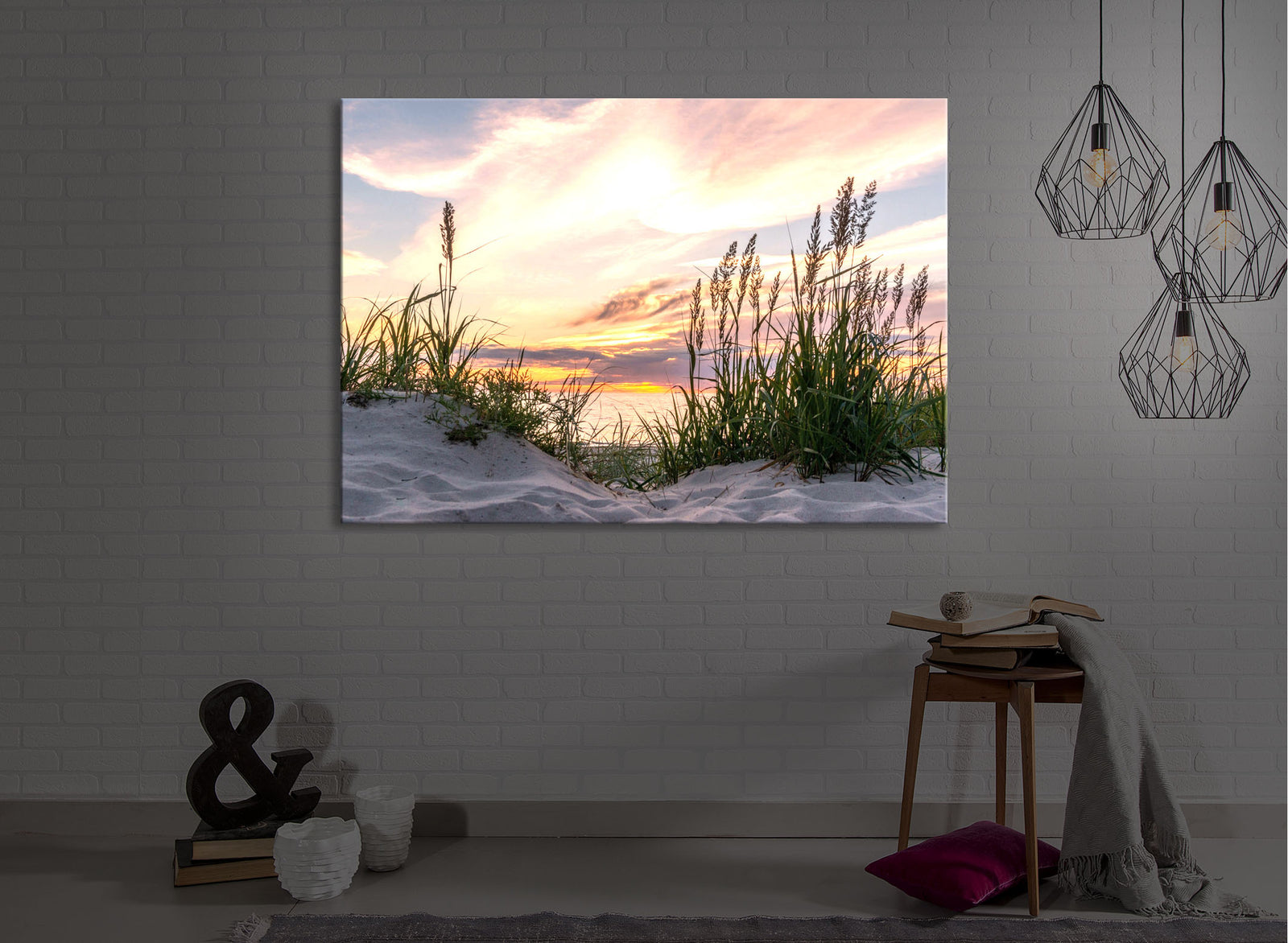 Leuchtbild Gras am Strand an der Wand weiss