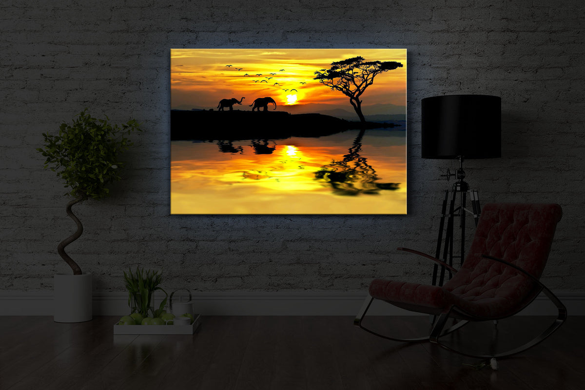 beleuchtetes bild mit dem Motiv Elefanten in afrikanischer Steppe in einem dunklen Raum. Das Bild leuchtet blau im abgedunkelten Zimmer