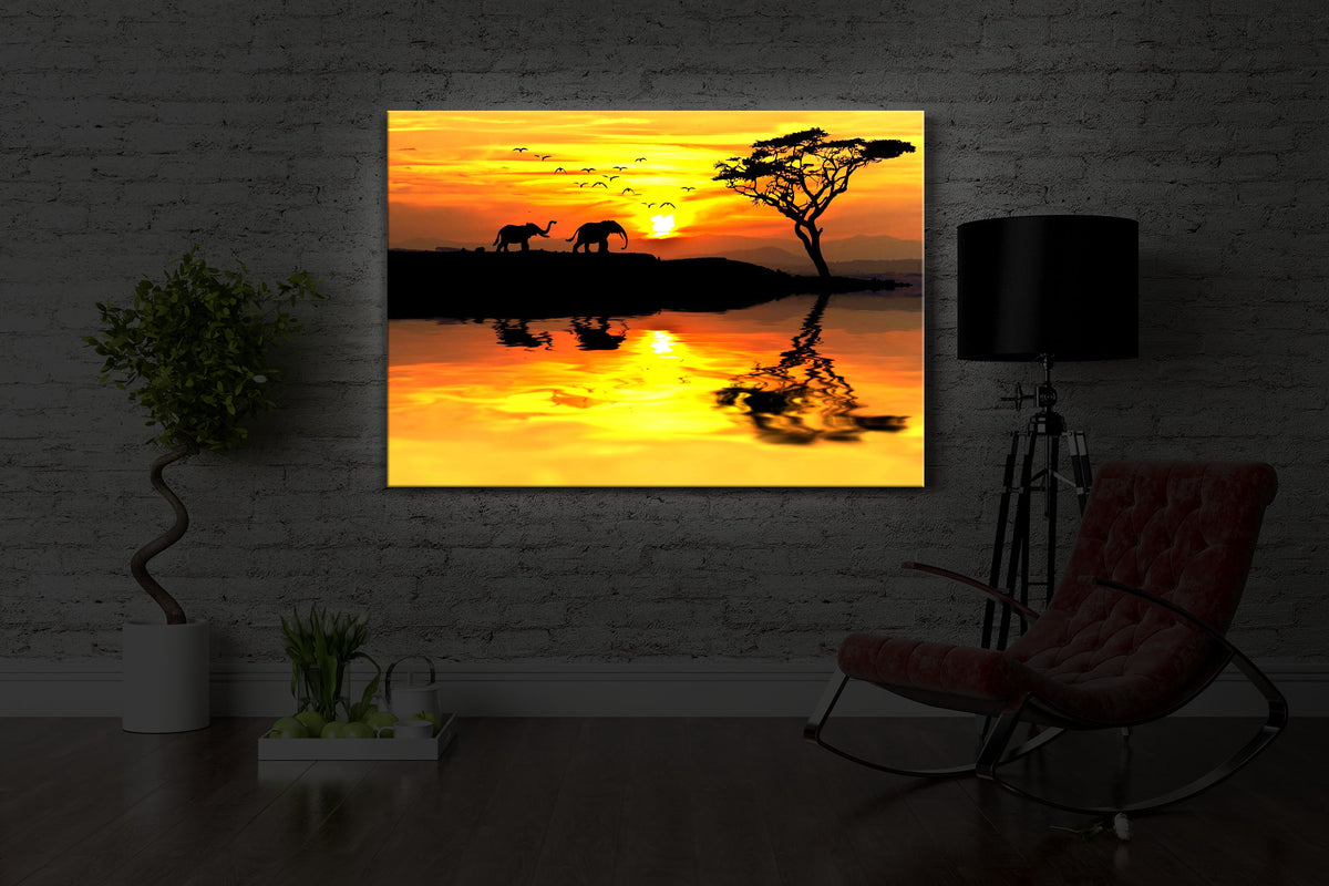 led bild mit dem Motiv Elefanten in afrikanischer Steppe in einem dunklen Raum. Das Bild leuchtet weiß im abgedunkelten Zimmer