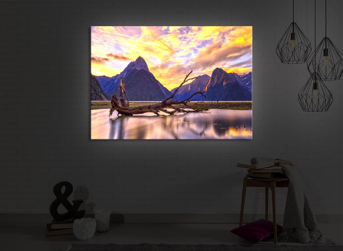 led bild mit dem Motiv Entwurzelter Baum in wunderschöner Berglandschaft in einem dunklen Raum. Das Bild leuchtet weiß im abgedunkelten Zimmer