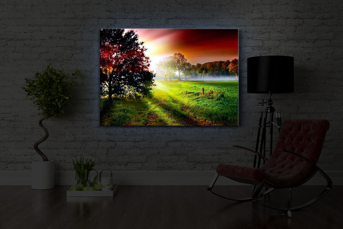 beleuchtetes bild mit dem Motiv Sonnenuntergang an nebliger Lichtung in einem dunklen Raum. Das Bild leuchtet blau im abgedunkelten Zimmer