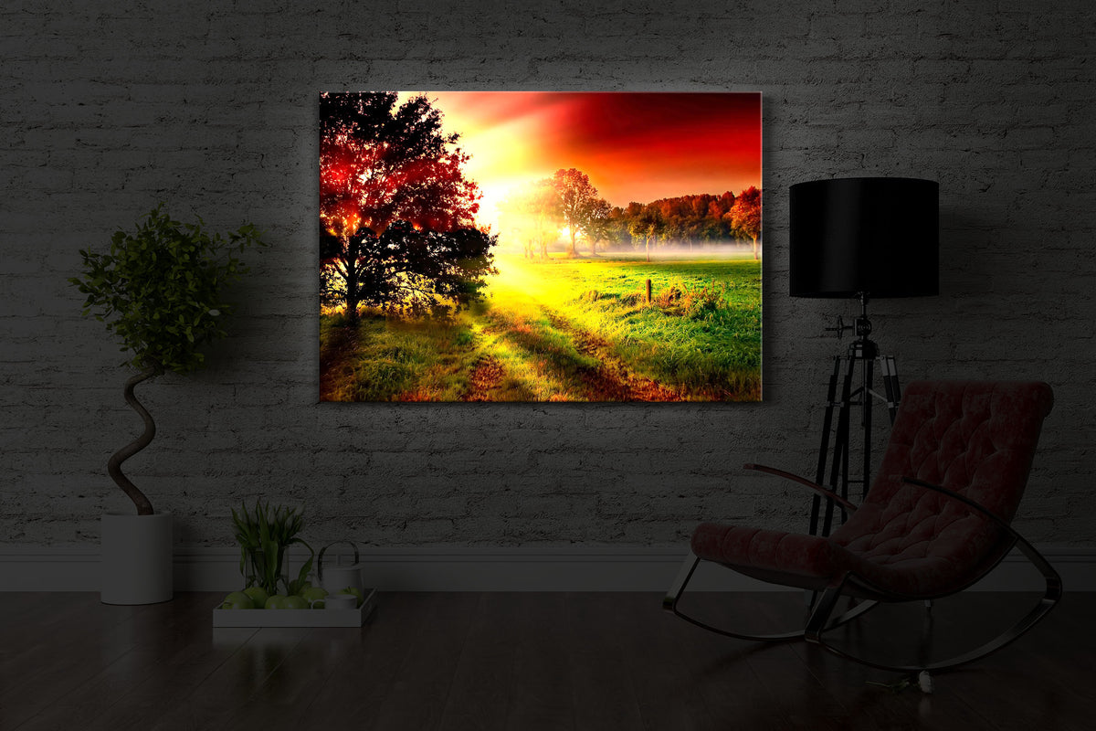 led bild mit dem Motiv Sonnenuntergang an nebliger Lichtung in einem dunklen Raum. Das Bild leuchtet weiß im abgedunkelten Zimmer